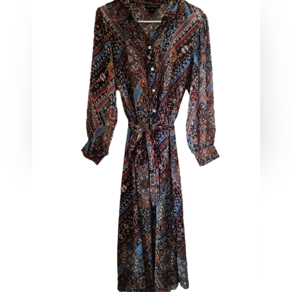 Stella & Julie Size 12 Belted Button Down Print Dress
